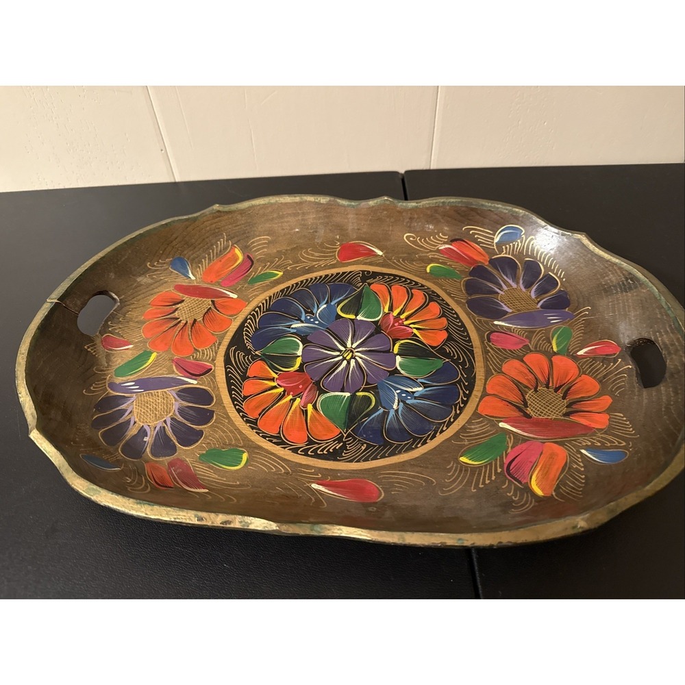 Vintage Hand Painted Wooden Serving Tray 19.5 In Long Flower Design